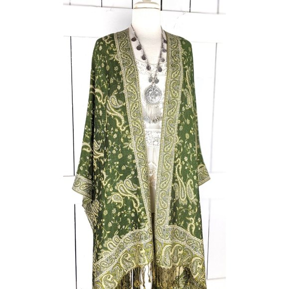 Green paisley floral fringe tassel pashmina kimono cardigan cover up jacket - Picture 3 of 5